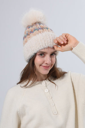 Women Color Mix Knit Beanie With Faux Fur Pom Pom Winter Hat Leto Collection