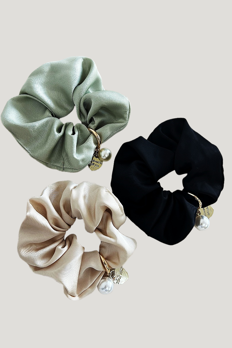 Solid Satin Scrunchies – Detachable Chain Accent ✨🖤