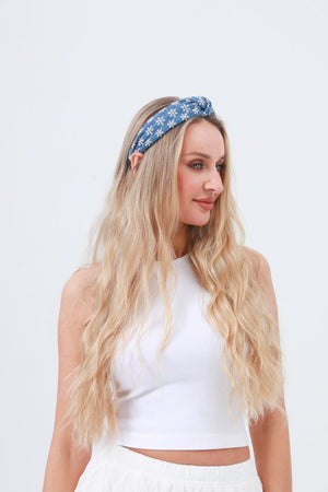 Boho Blooms: Flower Embroidered Denim Knotted Headband