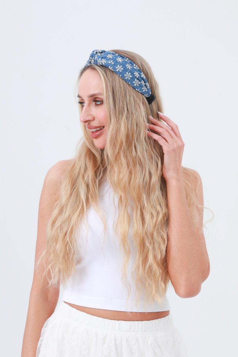 Boho Blooms: Flower Embroidered Denim Knotted Headband