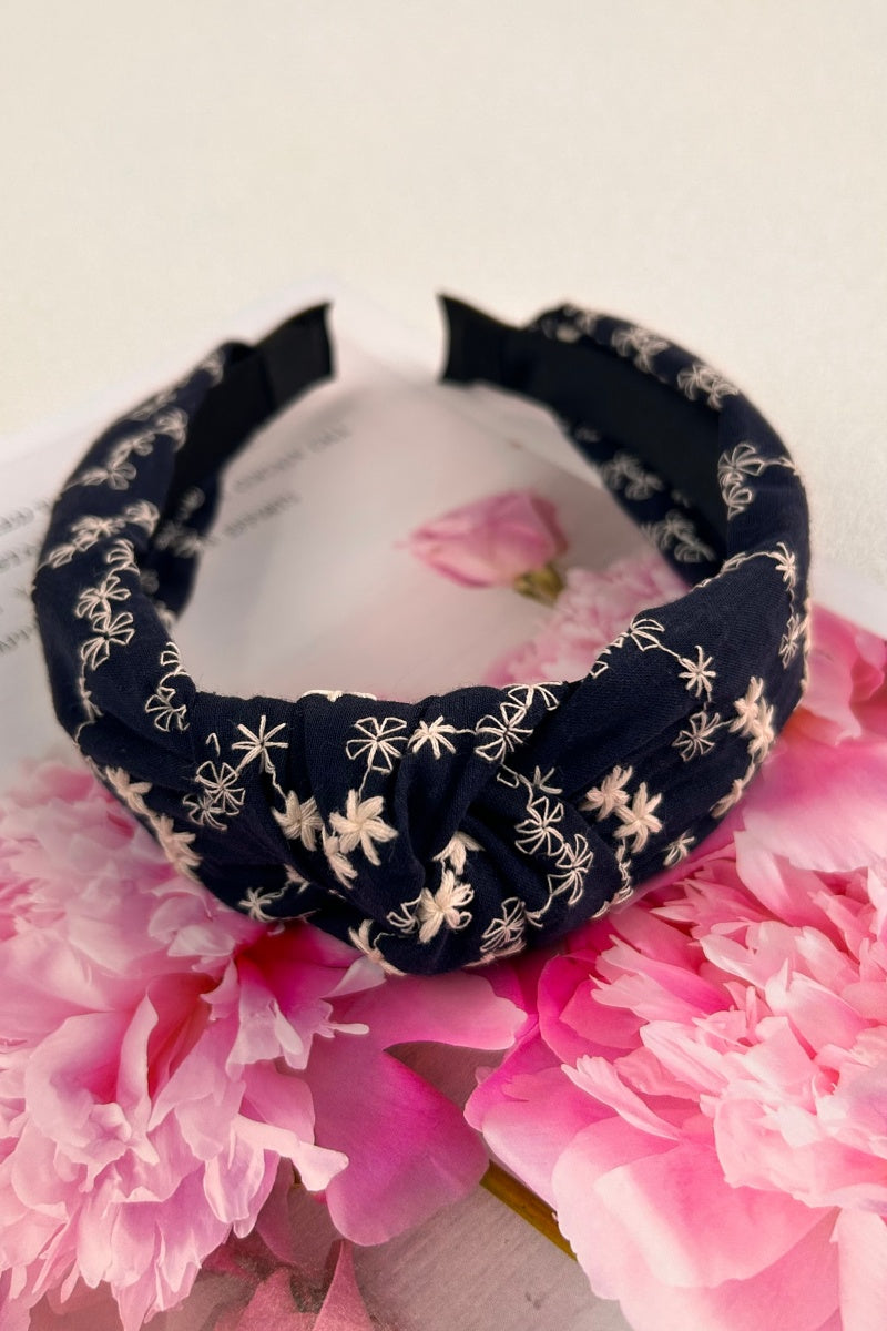 Boho Blooms: Flower Embroidered Denim Knotted Headband Leto Collection