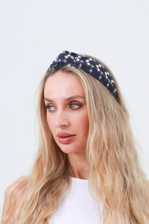 Boho Blooms: Flower Embroidered Denim Knotted Headband