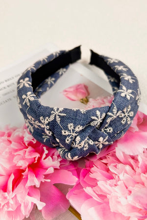 Boho Blooms: Flower Embroidered Denim Knotted Headband