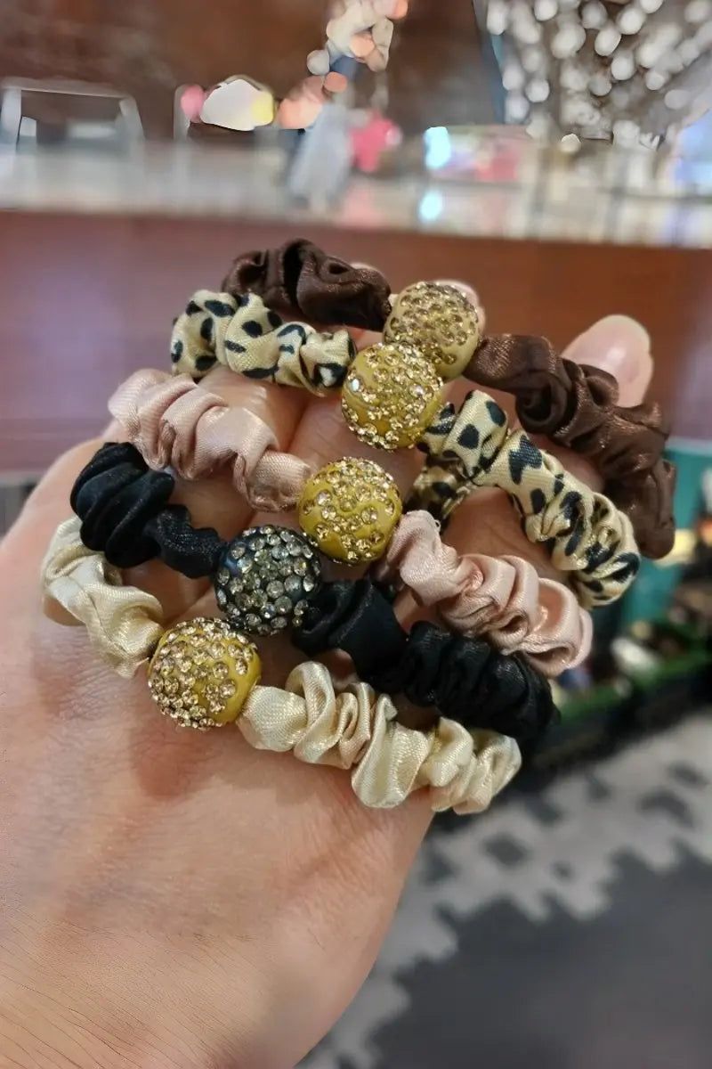 Rhinestone Satin Scrunchies – Multi Color Hair Tie Set Leto Collection