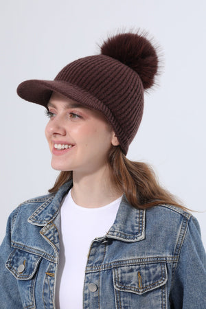 Women Ribbed Knit Visor Beanie With Faux Fur Pom Pom Winter Hat Leto Collection