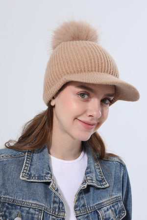 Women Ribbed Knit Visor Beanie With Faux Fur Pom Pom Winter Hat Leto Collection