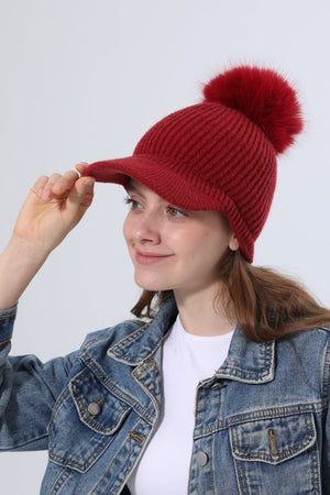 Women Ribbed Knit Visor Beanie With Faux Fur Pom Pom Winter Hat Leto Collection