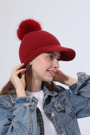 Women Ribbed Knit Visor Beanie With Faux Fur Pom Pom Winter Hat Leto Collection