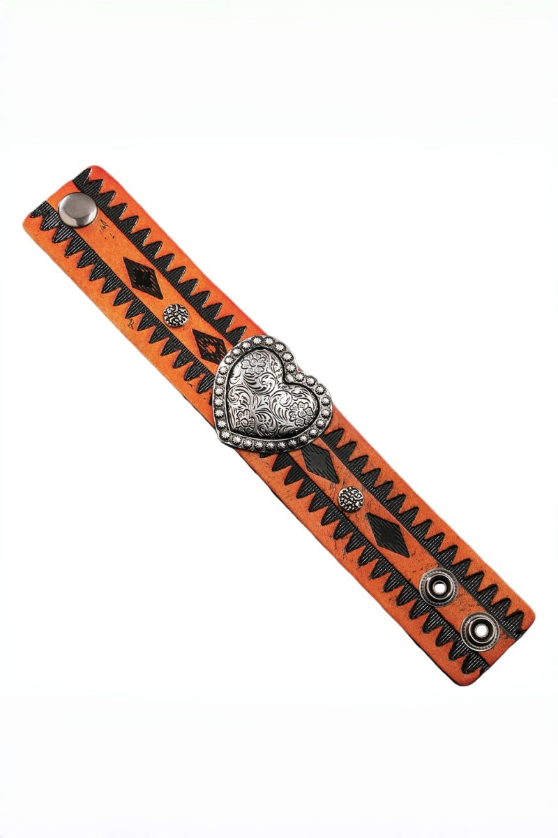 Western Romance: Embossed Heart Leather Cuff-Band Bracelet