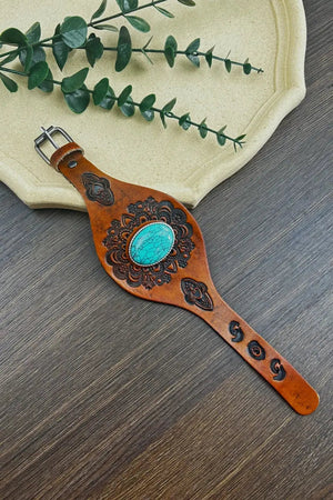 Western Turquoise Leather Cuff Bracelet – Boho Embossed Wristband Leto Collection