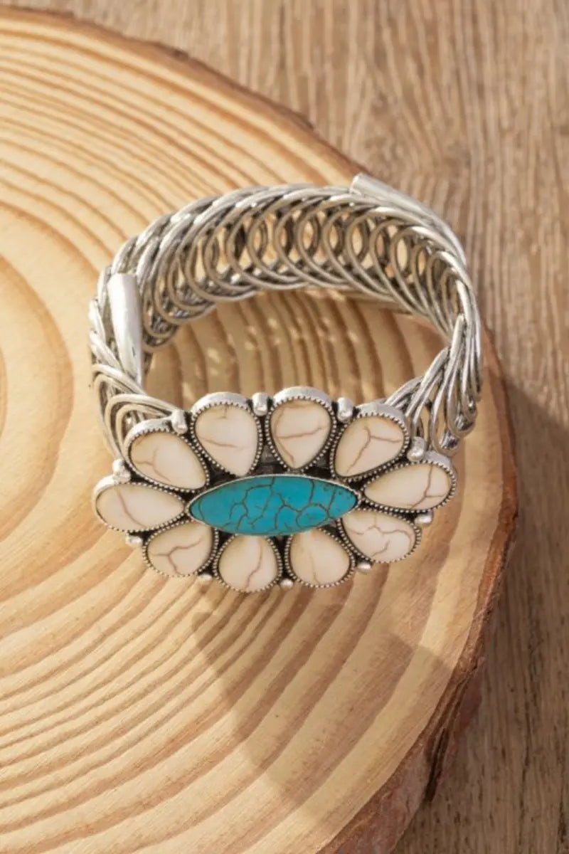 Women Western Turquoise Flower Elastic Cuff Style Bracelet Leto Collection