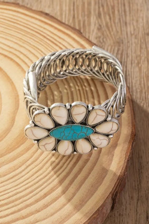 Women Western Turquoise Flower Elastic Cuff Style Bracelet Leto Collection