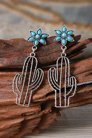 Boho Western Earrings – Turquoise Flower & Openwork Cactus 🌵💎