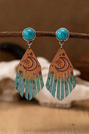 Western Moon Star Fringe Turquoise Leather Earrings Leto Collection