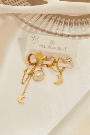 3 Pairs Gold Star Moon Stainless Steel Earrings Set