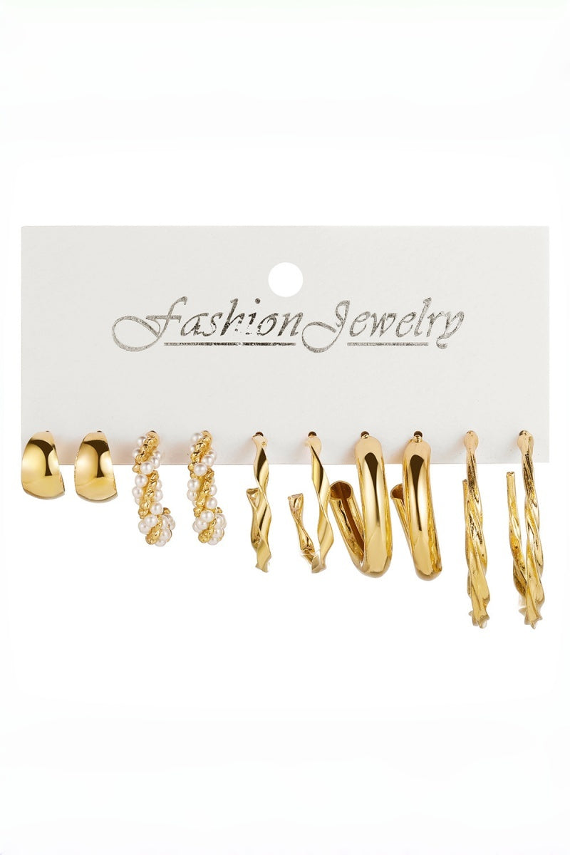 Women Assorted Gold Pearl Hoop Earrings 5 Pairs Set
