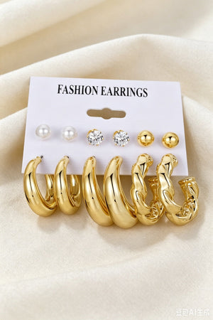 3 Pairs Gold Plated Pearl Zircon Hoop Earrings Assorted Set