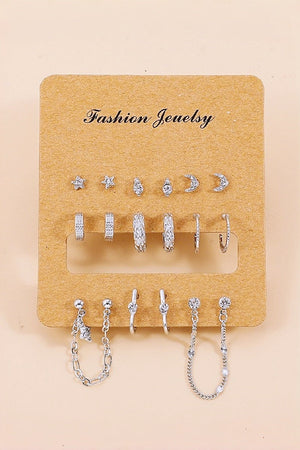 Star Moon Zircon Chain Earrings Set