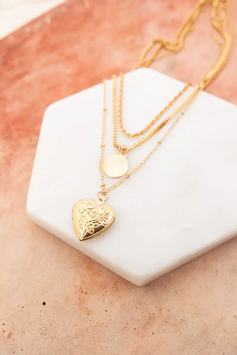 Vintage Heart Locket Multi Layer Gold Necklace with Coin Pendant Leto Collection