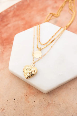 Vintage Heart Locket Multi Layer Gold Necklace with Coin Pendant Leto Collection