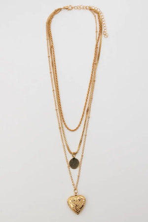 Vintage Heart Locket Multi Layer Gold Necklace with Coin Pendant Leto Collection
