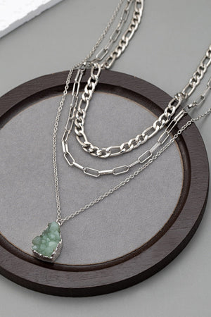 Women Layered Chunky Chain Necklace with Green Crystal Pendant Leto Collection