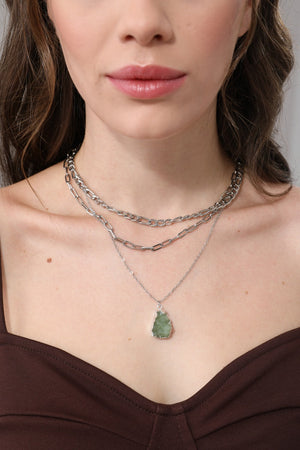 Women Layered Chunky Chain Necklace with Green Crystal Pendant Leto Collection