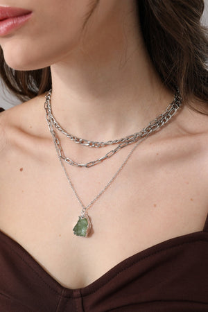 Women Layered Chunky Chain Necklace with Green Crystal Pendant Leto Collection