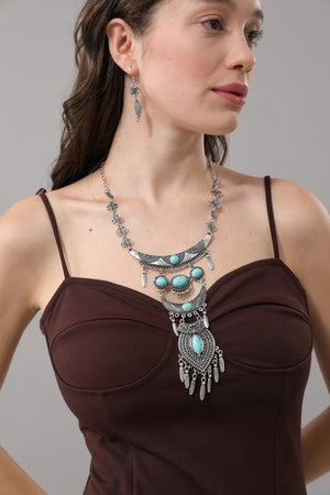 Boho Tribal Turquoise Pendant Necklace with Wing Earrings for Women Leto Collection
