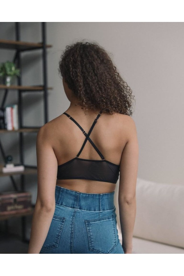 Flower Embroidery High Neck Bralette Small / Black