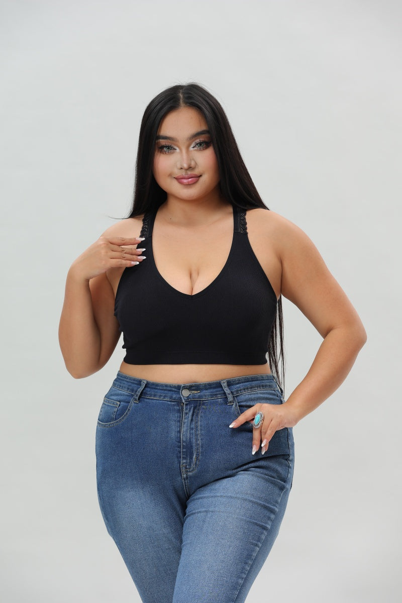 Plus Size Seamless Front Lace Racerback Bralette – Soft Stretch Fit