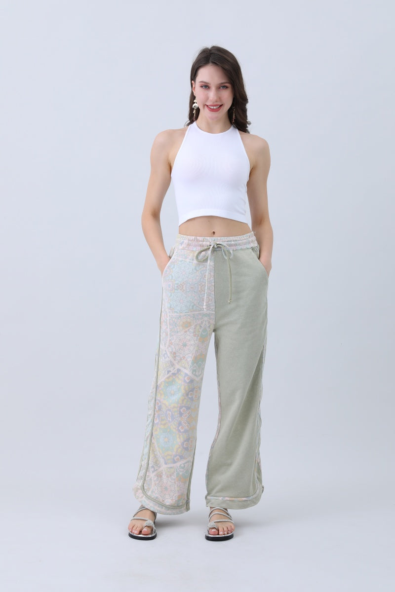 Boho Contrast Pants – Mismatched Legs & Tie-Waist for Lounging