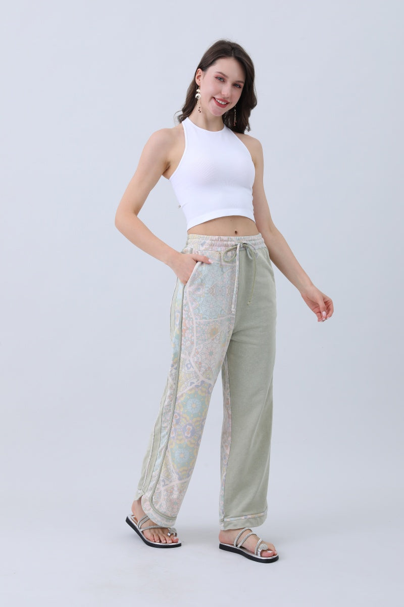 Boho Contrast Pants – Mismatched Legs & Tie-Waist for Lounging