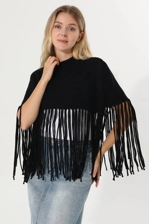 Women Solid Mock Neck Fringe Knit Poncho Cape Shawl 🧶🍂 Leto Collection