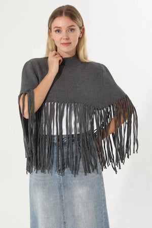 Women Solid Mock Neck Fringe Knit Poncho Cape Shawl 🧶🍂 Leto Collection