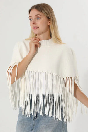 Women Solid Mock Neck Fringe Knit Poncho Cape Shawl 🧶🍂 Leto Collection