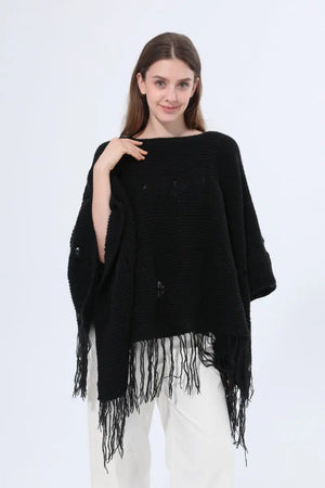 Hollow Knit Fringe Detail Poncho Women Shawl Leto Collection