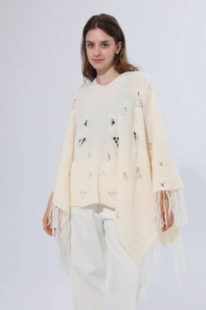Hollow Knit Fringe Detail Poncho Women Shawl Leto Collection