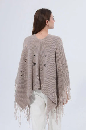 Hollow Knit Fringe Detail Poncho Women Shawl Leto Collection