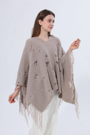 Hollow Knit Fringe Detail Poncho Women Shawl Leto Collection
