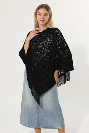 Hollow Knit Tassel Triangle Poncho Lightweight Shawl Wrap 🧶✨ Leto Collection