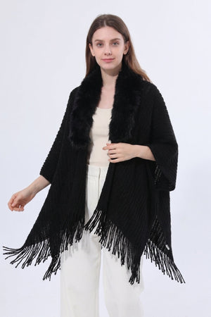 Women Faux Fur Collar Fringed Knit Poncho Shawl Leto Collection