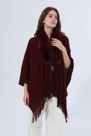 Women Faux Fur Collar Fringed Knit Poncho Shawl Leto Collection