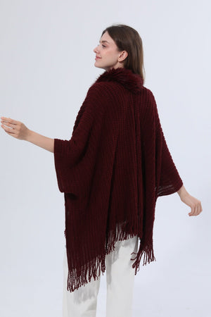 Women Faux Fur Collar Fringed Knit Poncho Shawl Leto Collection