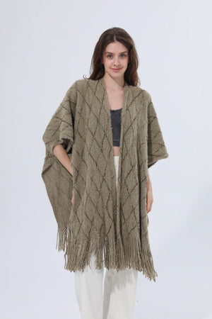 Knitted Tassel Open Front Poncho Shawl Wrap