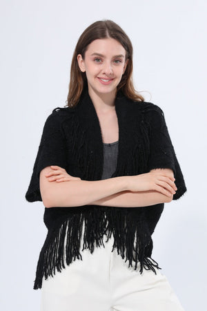 Fringed Diamond Knit Open Front Poncho Shawl
