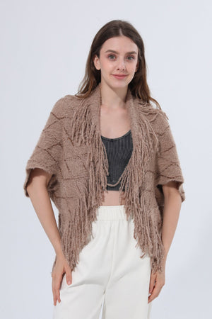 Fringed Diamond Knit Open Front Poncho Shawl