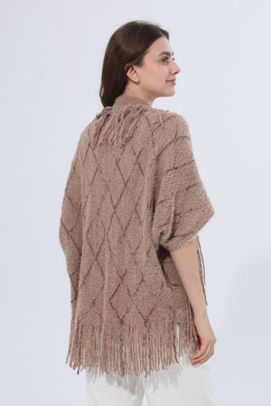 Fringed Diamond Knit Open Front Poncho Shawl