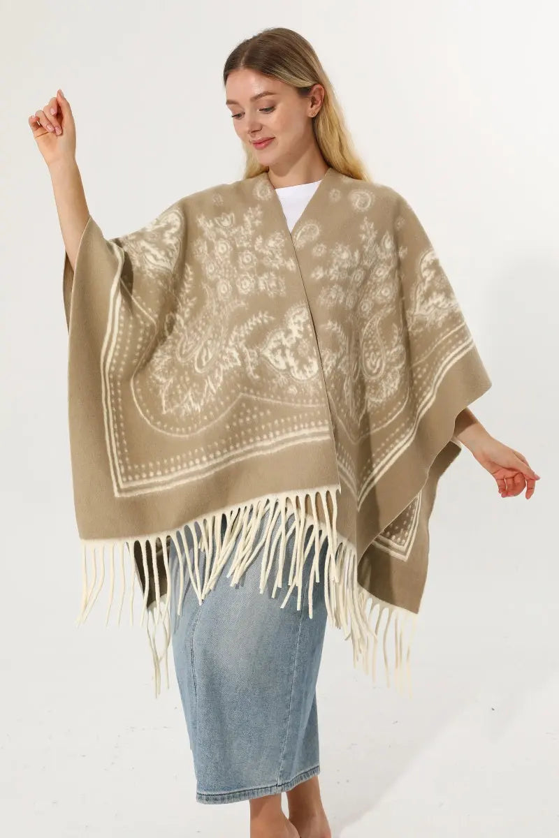 Women Paisley Floral Tassel Poncho Reversible Winter Shawl Wrap 🧣✨ Leto Collection