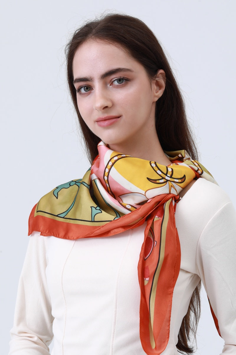Floral Chain Print Scarf - Vintage Silk-Like Square 🌸⛓️ Leto Collection